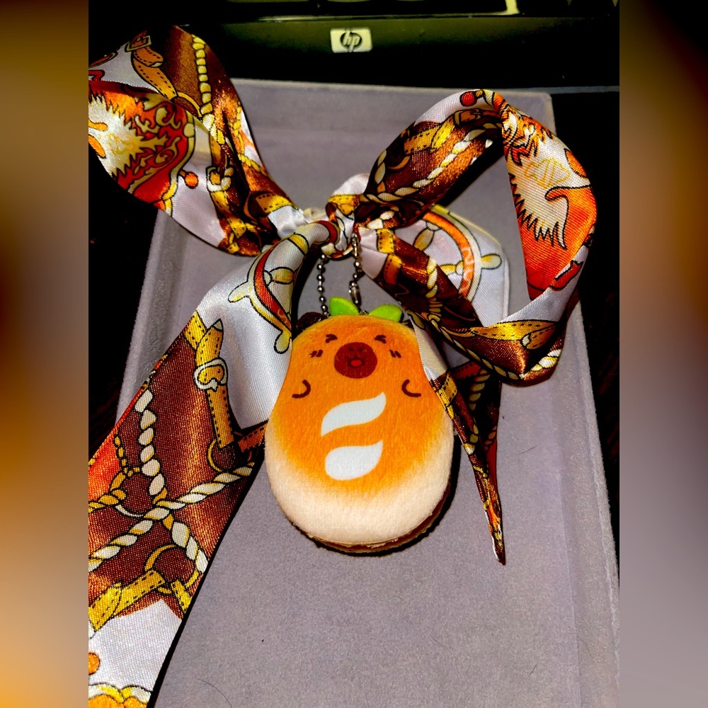 Cute Mini Hot Dog Keychain/Bag Charm with Brown, Gold & White Twilly. NIP